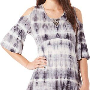 NWT One World Black White Tie -Dye Elbow sleeve cold shoulder tunic top, Size L